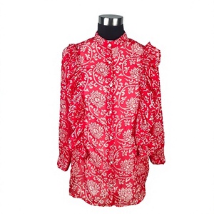 Chemisier en mousseline rouge à imprimé floral pour femme, col mandarin, manches ballon, coupe ample, haut long, style élégant printemps-été - Product Image 1