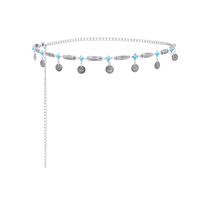 Rétro Vintage alliage d'argent femmes perles bleues ventre taille chaînes pour femmes fête danse ceinture bijoux