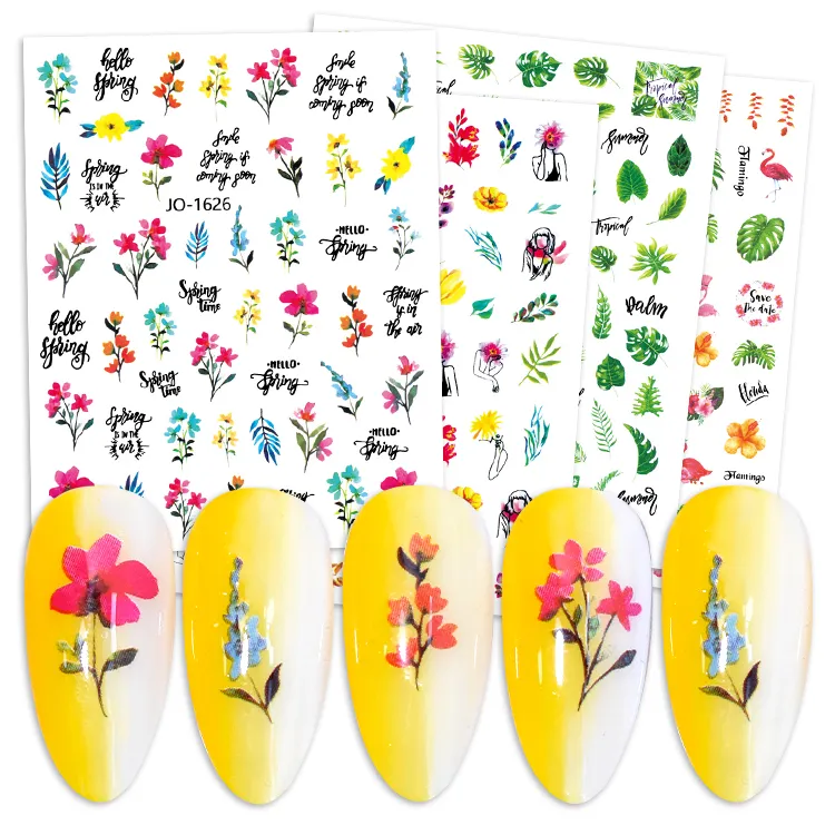 高品質のデザイナー春のネイルアートステッカー粘着性のある背中のネイルステッカーでカラフルな花と葉のパターン