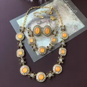 顶级时尚复古真金电镀水晶橙石珠耳环手链项链套装饰品