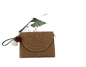 Straw Envelope Clutch Purse Wallet für Frauen Beach Purse mit PomPom und verstellbarer Schulter gurt tasche