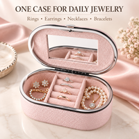 Boîte à bijoux ovale en cuir PU avec logo personnalisé, miroir, cadre en métal, organiseur de bijoux, doublure en velours doux, compartiments personnalisés pour bagues