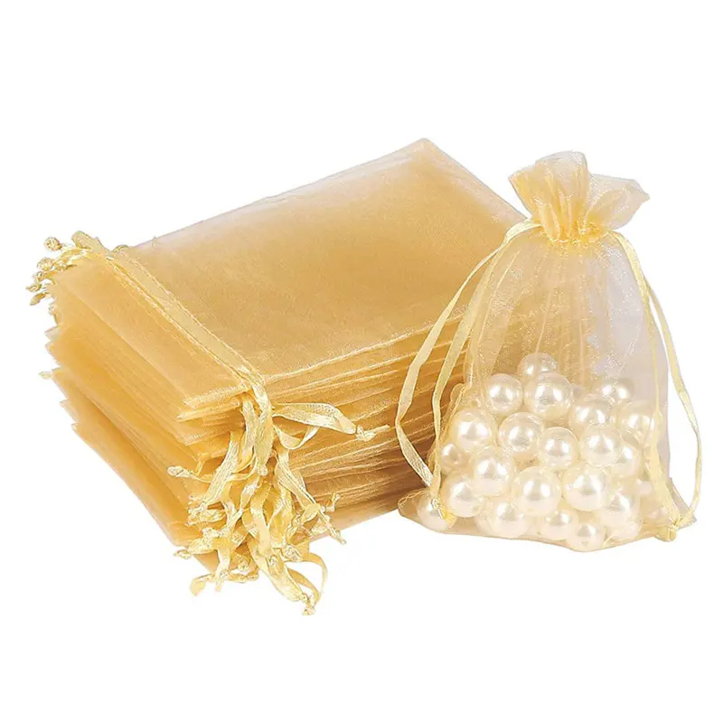 Sacos de organza dourados, sacos para presente de natal com 100 peças de 4x6 polegadas de organza, saco pequeno de malha com cordão, sacos de organização para presente de natal