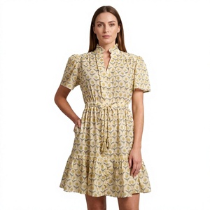 Vestido Mini de Algodón Tejido con Estampado Floral, Cuello Redondo, Manga Corta, Corte en A, Dobladillo con Volantes, Transpirable, Ecológico, Lavable, Informal - Product Image 1