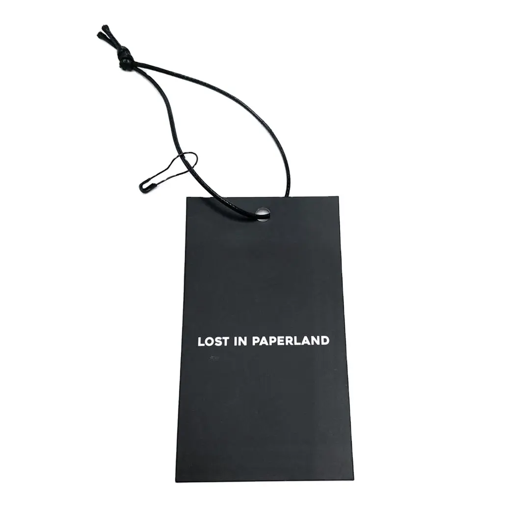 high quality custom luxury design shiny clothing black paper swing hang tags with safety pin