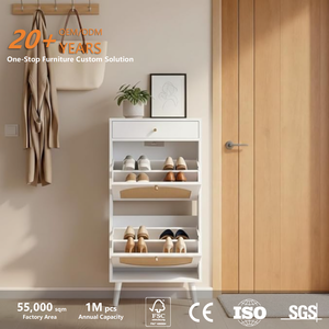 Meuble à chaussures moderne en rotin avec 2 tiroirs basculants, organisateur de rangement étroit pour entrée, étagère à chaussures en bois pour couloir et placard - Product Image 2