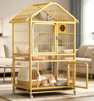 Maison pour chat décorative simple en fer doré, avec toit en pignon, niche, hamac, échelle d'escalade, griffoir et roulettes, pour la maison