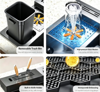 Évier de cuisine multifonctionnel SUS304 avec robinet cascade numérique, évier de travail en acier inoxydable noir nano à cuve unique