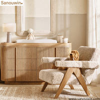 Ensemble de salon moderne en chêne avec canapé 3 places en tissu, fauteuil d'appoint en polaire Teddy et table basse en bois massif