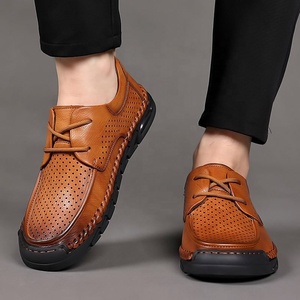 Chaussures décontractées pour hommes en cuir perforé, bout rond, à enfiler, semelle plate en caoutchouc, toutes saisons, style marche - Product Image 2