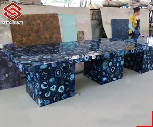 Furniture Menakjubkan Desain Disesuaikan Ukuran Persegi Panjang Biru Batu Akik Kopi Besar Atas Meja untuk Ruang Tamu