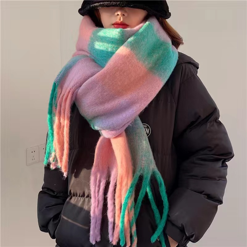 [Verde rosa] arcobaleno grande sciarpa con nappe-intorno a 230