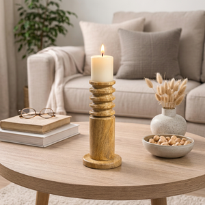 Portavelas de Madera Hecho a Mano, Portavelas de Madera de Mango, Centro de Mesa Decorativo Rústico, Iluminación Elegante - Product Image 1