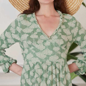 Manufacturer-made custom floral V-neck multi-pleated backless summer <b>dress</b>, luxurious cotton midi <b>dress</b> - Product Image 4