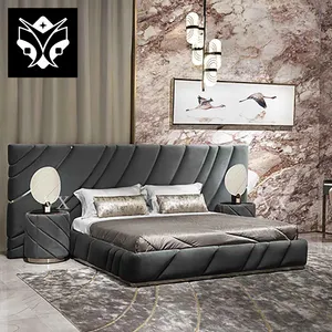 Italian Design Villa Masteroom Bed White Double Leather Beds Luxurious Bed Frame Big Headboard Luxury Bedroom Funiture