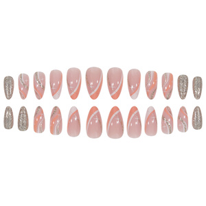 24 Uds patrón de ataúd de almendra puntas de uñas postizas francesas Material ABS suave <span class=keywords><strong>y</strong></span> cómodo <span class=keywords><strong>manicura</strong></span> a presión en plata <span class=keywords><strong>y</strong></span> brillo <span class=keywords><strong>dorado</strong></span> - Product Image 4