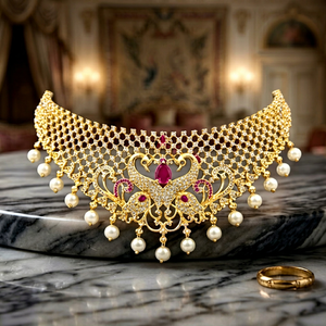 DIVYORO Ensemble de collier plaqué or orné de perles et de pierres, motif paon royal, bijoux ethniques de luxe pour femmes, création de designer - Product Image 1