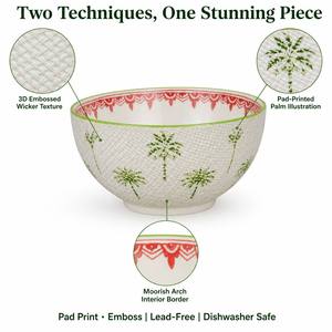 Service de table en porcelaine 18 pièces motif palmier tressé, <span class=keywords><strong>assiettes</strong></span> et bols en céramique avec impression 3D en relief effet panier tressé - Product Image 3