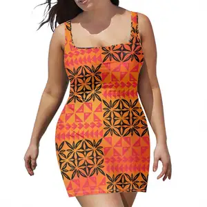 性感紧身派对夏季休闲连衣裙时尚印花裹身连衣裙波利尼西亚部落橙色塔帕设计定制背心连衣裙
