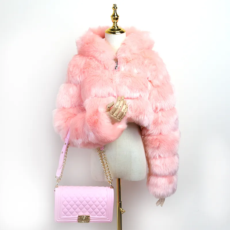 Simple invierno cálido <span class=keywords><strong>suave</strong></span> rosa corto abrigo chaqueta Parka abrigo de piel sintética chaquetas de mujer con piel