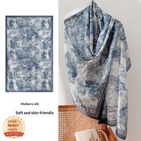 Écharpe longue en soie de mûrier imprimée Printemps-Été 2026, bleue, haut de gamme, artistique, vintage, florale, protection solaire, grand châle fin pour femme