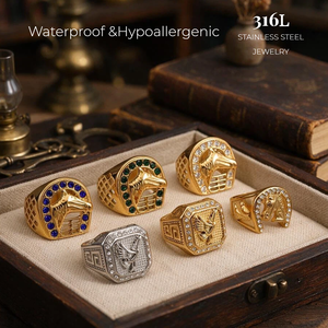 Nhẫn dấu ấn hình đầu ngựa kiểu miền Tây dành cho nam, mạ vàng 18K, thép không gỉ, hình đại bàng, pha lê, phong cách cổ điển, trang sức cá tính dành cho người đi xe mô tô - Product Image 1