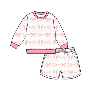 Conjunto de Ropa de Verano para Niñas con Estampado de Langosta en Tonos Pastel, Manga Larga y Pantalones Cortos - Product Image 3