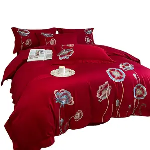 100S埃及棉奢华花朵刺绣宫殿图案-D床上用品套装羽绒被套床单亚麻枕套套装