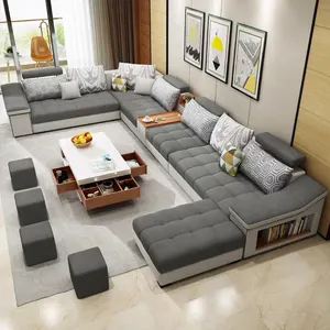 Modern Furniture With Chargeable Cup Table Wooden Frame 7 Seater U Shape Sectional Sofa Set CEFS004