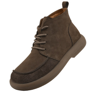 High <b>Top</b> Genuine Cow Leather Boots Round Toe Lace Up Plush Lining Rubber Sole Insulative <b>Walking</b> Shoes Autumn Winter Style - Product Image 4