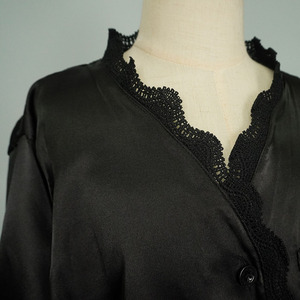 Conjuntos de pijamas de mujer con botones de poliéster negro al por mayor, camisones de color sólido - Product Image 2