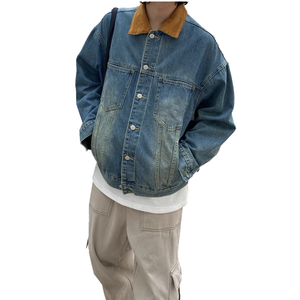 Veste en jean pour homme avec col en velours côtelé, coton délavé, coupe décontractée, col rabattu, simple boutonnage, style automne - Product Image 1