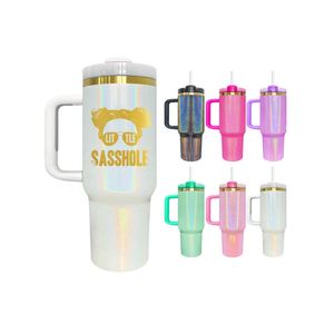 Mug isotherme personnalisé de 40 oz avec poignée, gravé, holographique, scintillant, à sublimation, plaqué or - Product Image 1