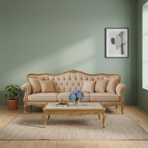 French Provincial Tufted <b>Sofa</b> Solid <b>Wood</b> <b>Frame</b> Upholstered Living Room Couch Beige Lounge Seating - Product Image 2
