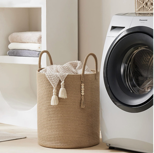 Panier à linge en jute fait main, rond, tissé, avec poignées, pour la chambre, la crèche, l'organisation de la maison - Product Image 3