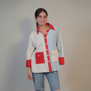 Camisa de Oficina para Mujer, Tejida, con Bloques de Color, Manga Larga, Cierre de Botones, Corte Holgado Informal - Product Image 1