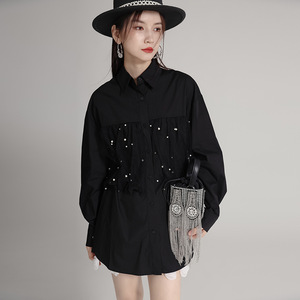 Principios de otoño Nuevo diseño de nicho Camisa de cuentas de uñas de malla pesada Camisa de mujer de manga larga de longitud media adelgazante suelta - Product Image 1