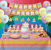 Assiettes, gobelets, serviettes, nappes, pailles, bannières, guirlandes, décorations de gâteau, ballons et fournitures pour fête d'anniversaire arc-en-ciel pastel