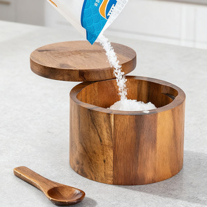 Boîte à sel en bois d'acacia écologique, boîte à épices de cuisine avec couvercle rotatif, récipient de stockage pour assaisonnements et poivre, outils à épices, compatible lave-vaisselle - Product Image 4