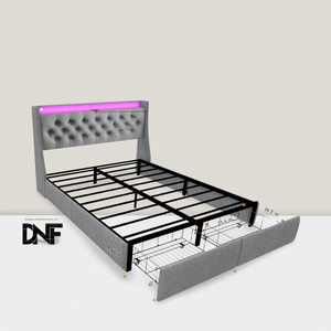 Letto Matrimoniale con Stazione di Ricarica e Testiera, Letto Queen Imbottito con Bottoni e 2 Cassetti Portaoggetti - Product Image 1