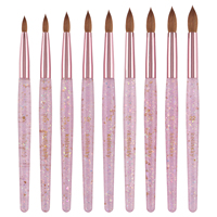 Kit de pinceaux à ongles Kolinsky en gros, 9 tailles, manche rose pailleté, doux et résistant, pour la construction d'ongles, fournitures de formation pour académies de manucure