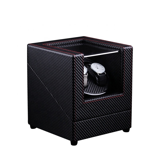FADELI PACKING Black Carbon Fiber PU Leather 2 Slot Automatic Mechanical Electronic Watch Winding Shaker Motor Box Custom Logo