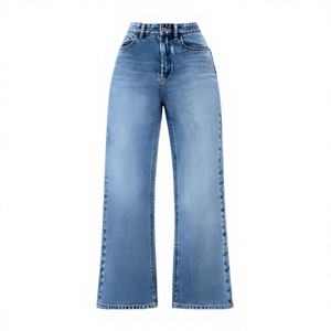 Jean en denim décontracté pour femme, taille haute, coupe droite, ample, longueur intégrale, délavé, boutonné, style automne tendance - Product Image 1