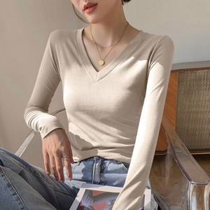 Camiseta de Manga Larga con Cuello en V de Algodón Puro para Mujer CW260, Nueva Camiseta de Otoño, Ajustada, Corta, de Punto, Interior, Dulce, Talla Grande - Product Image 6