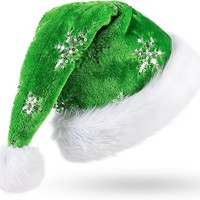 SOLPOP Weihnachtsmütze aus Samt und Plüsch mit Pailletten, grüner Weihnachtsmann-Elfenhut mit glitzernden Pailletten-Schneeflocken, Weihnachtsfeierzubehör