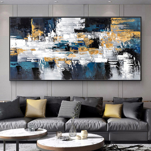 Dipinti ad olio grigio blu dorato su tela dipinti a mano di arte astratta decorazione moderna dell'hotel retrò nostalgico - Product Image 3