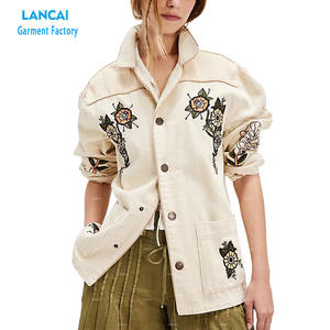 เสื้อแจ็กเก็ตผ้ายีนส์ปักลายดอกไม้มีปกคอเสื้อมีปุ่มปิดแผงความคมชัดด้านหน้าด้านหลังแอก - Product Image 1