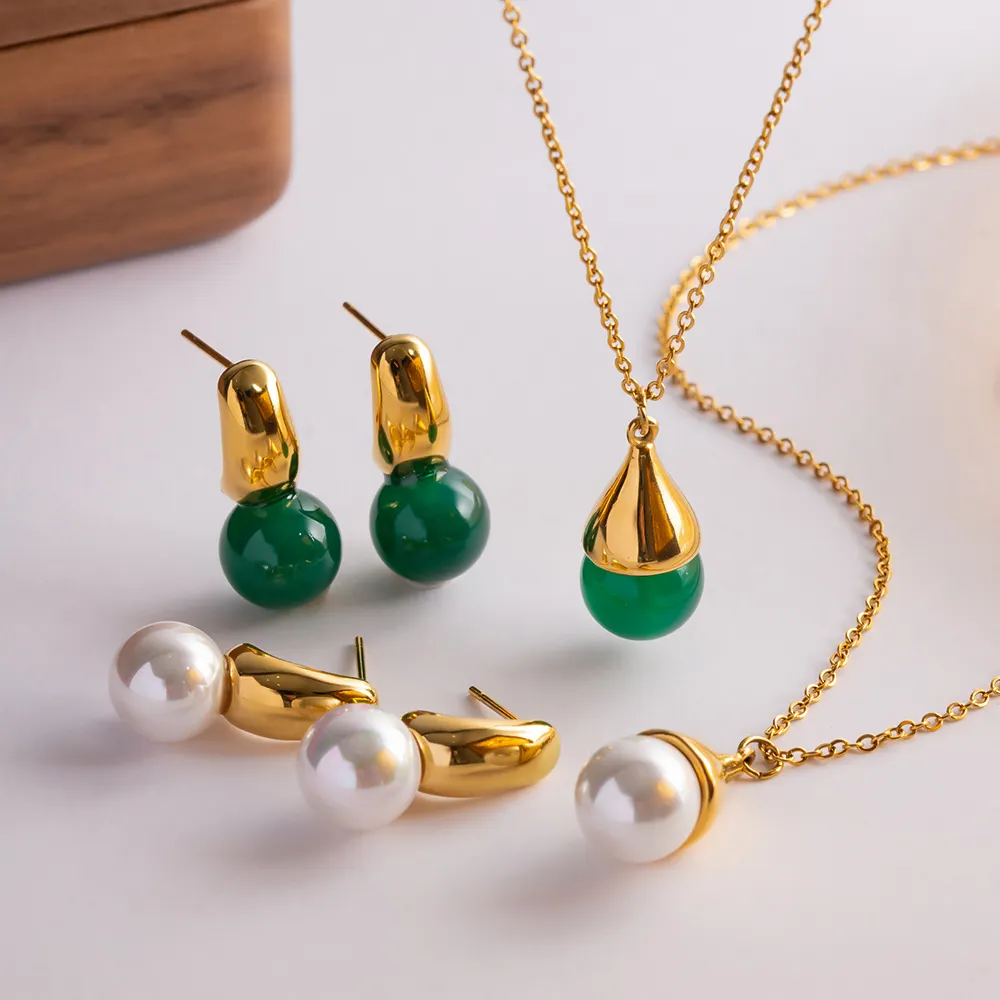 18K Gold Plated Stainless Steel Pendant Earrings Set Pearl Green Agate Green Onyx Pendant Necklace