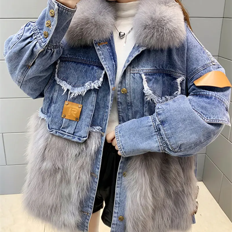 2022 Factory wholesale custom spot Fox fur coat winter warm fluffy jackets women denim parka with real fur natural fox jacket