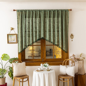Voilage XinLan Rétro Français Vert à Feuilles Floquées avec Franges, Voile Semi-Transparent pour Cuisine et Chambre - Product Image 1